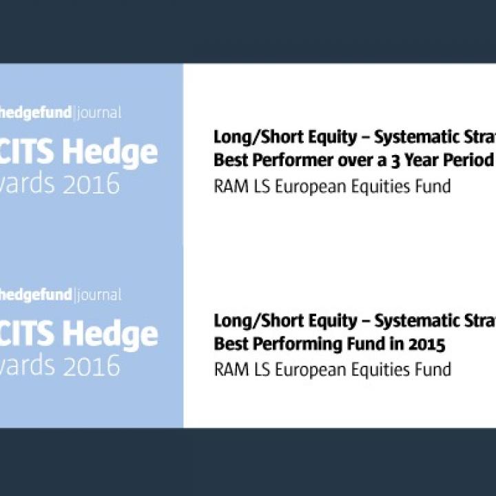 RAM Active Investments is pleased to announce that the RAM (Lux) Systematic Funds - Long Short European Equities Fund Class has received two awards at the UCITS Hedge Awards 2016 ceremony. In the Long/Short Equity – Systematic Strategy category namel